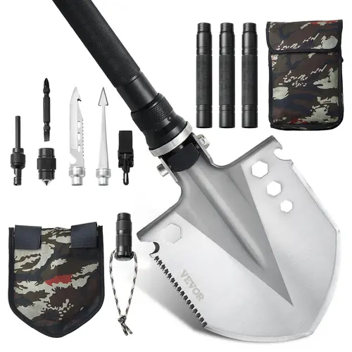 13-in Survival Shovel Tactical Folding Durable Steel Multitool, Heavy-Duty Camping Tools for Hiking Emergencies Bushcrafting, Adult Outdoor Tactical Tool Survival Gear Accessory, Multifunctional Tool