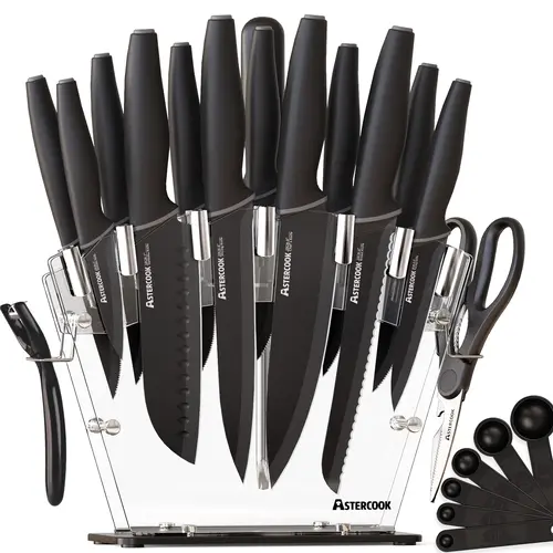 Astercook Kitchen Knife Set with Block, 17 PCS High Carbon Stainless Steel Sharp Serrated Steak Knives Set, Chef Knives, Bread Knife, knives  set