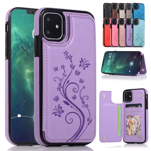HISTORYOO Card Slots Case For iPhone 17 Pro Max Air 17 16 15 14 13 12 11 Pro Max 16 15 14 Plus / Pro Wallet Card Holder Stand Durable Magnetic Clasp Soft TPU Shockproof Back Cover Flower Butterfly Pattern Bumper Rubber Retro PU-Leather Phone Case