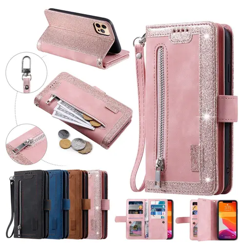 HISTORYOO RFID Blocking 9 Cards Holders Slots Wallet Case For iPhone 17 16 Pro Max 16 15 Pro 14 Plus 13 12 Mini 11 X XS Max Luxury Retro PU Leather Zipper Handbag Purse Flip Kickstand Folio glitter Cover Wristlet Wrist Strap Lanyard for Women, Smartphone,