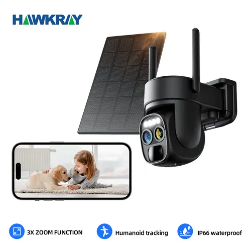 Hawkray Solar Powered Outdoor Security Camera - Dual-Lens Night Vision, 10X Zoom, 360° Pan Tilt, 2-Way Audio, Spotlight Siren, PIR Motion Sensor, Wi-Fi, Micro SD, 2-Way Audio, Remote Connectivity, Smart Home Security Wireless Surveillance Camera