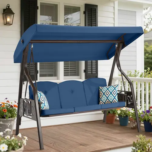 ZZWHOM Outdoor Metal Patio Swing Chair with Canopy - 3-Seat Front Porch Swing, 800 lb Heavy Duty Floor-Mounted Anti-Rust Frame, Adjustable 45° UV/Weather-Resistant Canopy, Thick Foam Cushions/Pillows, Converts to Lounger for Stargazing