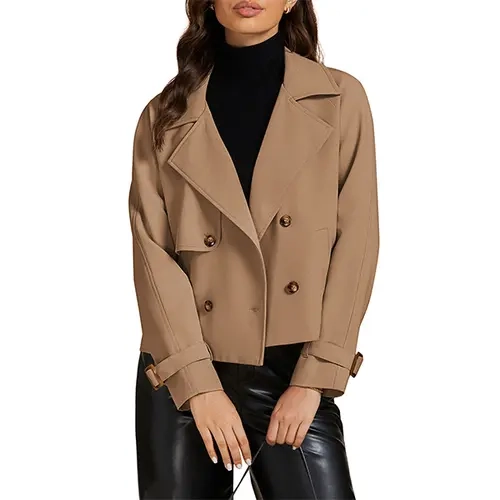 luvamia Polyester Cropped Trench Coat for Women Double Breasted Notched  Casual Loose Jackets with Pockets Women's Long Sleeve Coat Women's Lapel Outerwear,clothes for back to school,first day of school outfits