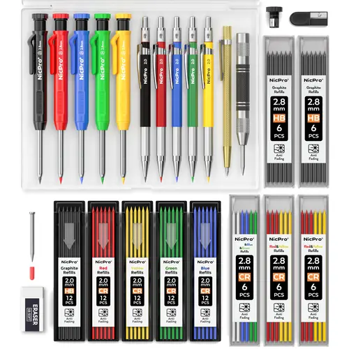 Nicpro 27 Pack Carpenter Pencils, with 100 Refill, Automatic Center Punch and Carbide Scribe Carpenter Tool, Construction Pencils for Woodworking, Carpenters Marking,back to school,back to school shopping