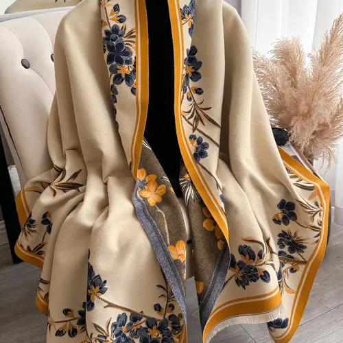 Elegant Floral Knit Scarf for Women, Boho Style Double-Sided Shawl, Fall & Winter Warm Daily Wear, Fitted Design, Boho Floral Scarves
