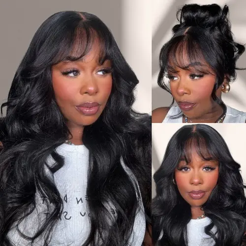 UNice Glueless Middle Part Fluffy Loose Wave 13x4 HD Lace Frontal Wig with Airy Wispy Bangs, Human Hair Wig with Bleached Knots, Easy Installation, Natural Hairline Scalp, Summer Use, Wigs Human Hair, Glueless Wigs