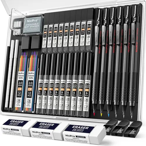 Nicpro 35-Pack Full-Metal Mechanical Drawing Pencils Set with Case, 0.5/0.7/0.9mm Art Pencils, 3-Pack 2mm Graphite Lead Holders, 20 Tube Refills (6B/4B/2B/HB/2H/4H) for School & Office Stationery, 0.5Mm