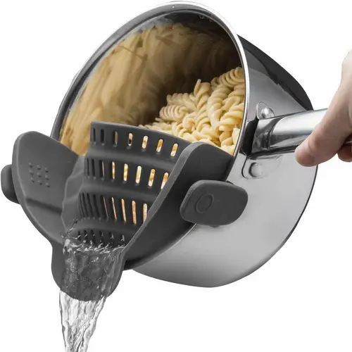 Bonison Gray Silicone Clip-On Pasta Strainer - Universal Fit Round Bowl Kitchenware Drainer for Pots, Pans - Heat-Resistant Space-Saving Cooking Utensil for Vegetables, Noodles