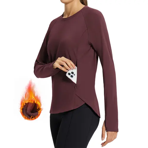 Baleaf Women's Slim Polyester Thermal Long Sleeve Base Layer, Fleece-Lined Comfortable Basic Shirt with Zipper Pocket & Thumbholes, Outdoor Cold Weather Running Gear