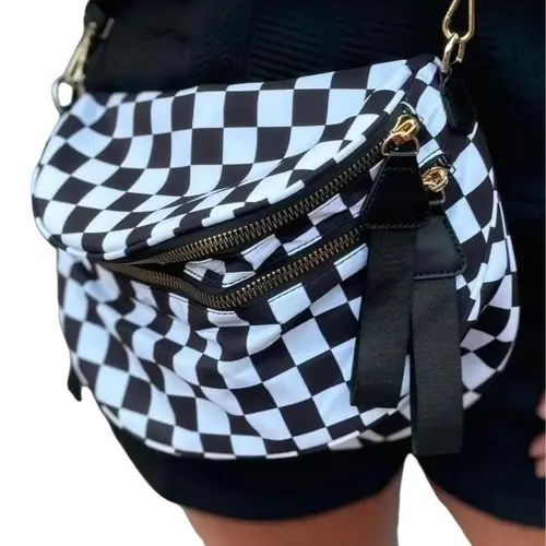 Women's Black and White Checkered Nylon Fanny Pack - Plus Size Friendly, Spacious for Essentials, Adjustable Strap, Hands-Free, Hidden Waist Pouch - Animal Print Option Available - Waist Pouch for Gifting, Adjustable Strap Women's Fanny Packs & Belt Bags