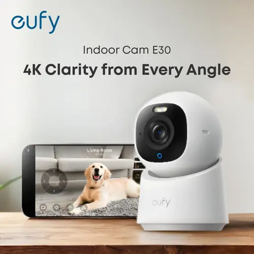 eufy Indoor Cam E30, Latest Generation, 4K UHD Security Camera, 360 Pan-Tilt, Color Night Vision, AI Detection for Human/Pet/Audio/Crying, Human/Pet Auto Tracking, Works with Homekit