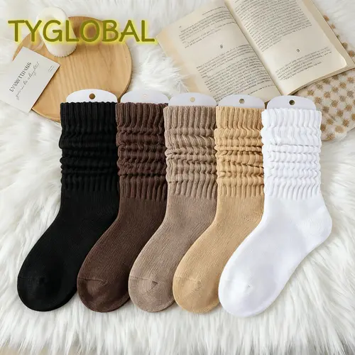 TYGLOBAL Women's 5-Pair Solid Slouchy Calf High Casual Socks, Lightweight Polyester Mix, Frill Trim, Soft, Comfy, Breathable, Machine Washable, Durable for Fall-Winter Daily Wear, Socks For Women