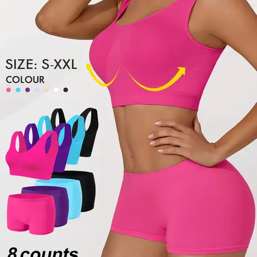 4/7 Piece Set Women's Large Bust Slim Fit Wireless Bra, Sporty Full Coverage Mid Waist Knit Suit, Sporty Chic Outfit, Buckleless Unlined Lingerie, Summer Activewear, Athleisure Outfits, High Elastic Activewear, Sporty Style Clothes