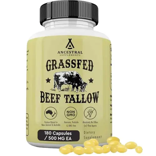 Ancestral Supplements Grass Fed Beef Tallow Capsules, Kidney Fat Dietary Supplement for Daily Wellness, 3000mg, Non-GMO, 180 Count  Edible Vitamin Fitness Organic