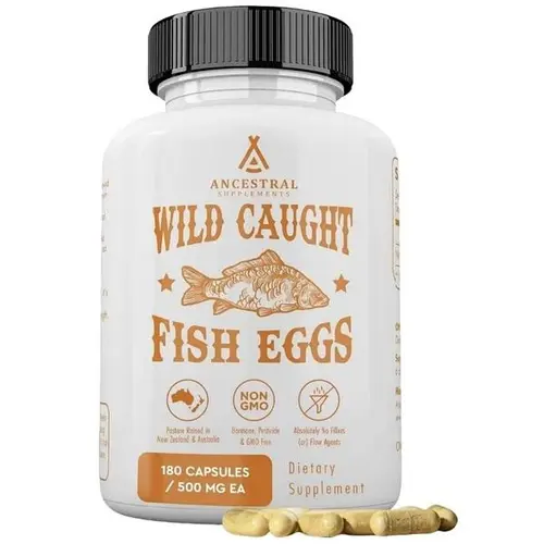 Ancestral Supplements Omega-3 Supplement Capsules, Wild Caught Fish Egg Source with Vitamins A, D & K2, 2400mg, 180 Count  Fitness Healthcare Dietary