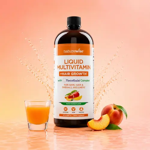 NatureWise Liquid Multivitamin Hair Growth for Women & Men + Tocogaia for Hair Growth & Skin Elasticity + Biotin, Vitamin D, E, B - Sugar Free Multivitamin - Peach Mango Flavor - Non-GMO - USA Manufactured