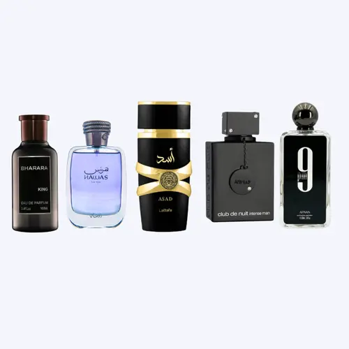 HOLIDAY COMBO SET ARMAF INTENSE CDN EDT 3.6OZ, LATTAFA ASAD EDP, RASASI HAWAS EDP 3.04FL.OZ, AFNAN 9PM & BHARARA KING EDP 3.4FL.OZ Bold Floral Perfume Fragrances Citrus Woody Musk Exotic Fragrance Long Lasting Aromatic Arabian Scent, Fragrances Perfumes C