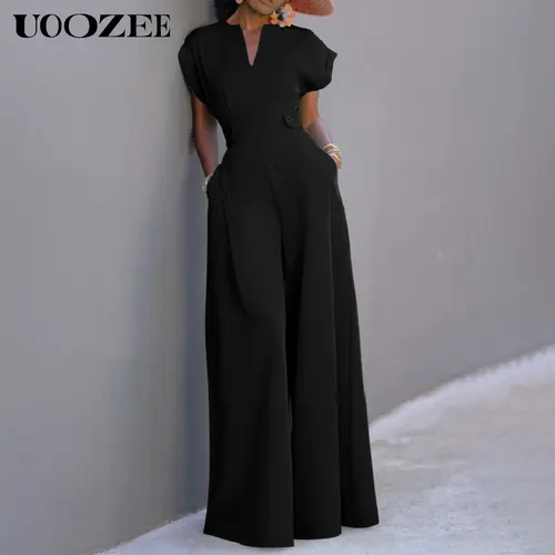 UOOZEE Women's Chic Green V-Neck Cap Sleeve Wide Leg Easycare Polyester Jumpsuit - Lady's Minimalist Work Clothes, Flattering Fit All Seasons Office/Interview Outfit