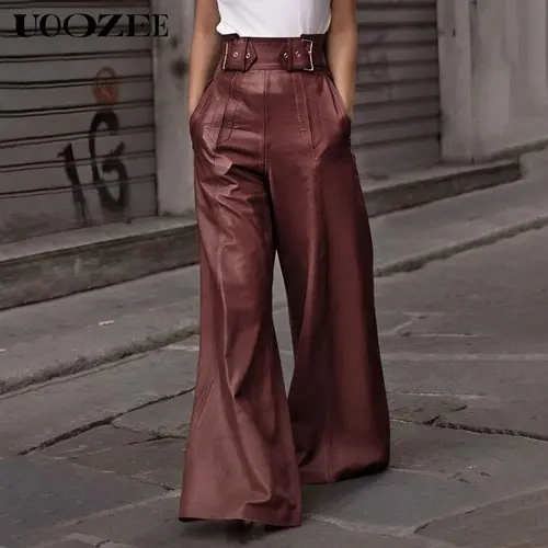UOOZEE Women's High-Waist Faux Leather Wide-Leg Pleated Pants - 40%Cotton 60%PU Clothing with Pockets, Casual Outing Wear, Sleek Finish, All-Seasons Basics, Multi-Size Christmas Pants for Women,sohochic