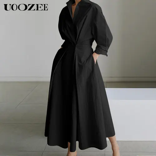 UOOZEE Women's Loose Modest Solid-Color Lapel Long-Sleeve Midi Dress - Waist-Designed, Pocket Convenience, Comfortable, Ideal for Commuting & Formal Occasions, Elegant Casual Women's Dress
