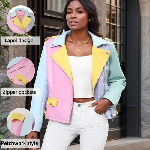 Geschallino Women's Stylish Casual Fitted Long Sleeve Motorcycle Jacket with Colorful Patchwork, Zipper Pockets for All Seasons, Short Design with Collar Fashion Fitted Outerwear