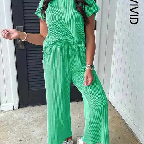 Women's Twisted Ribbed Knit Solid Color - Round-neck Short Sleeve T-Shirt & Wide Leg Pants with Side Pockets, Casual Comfy for Summer Daily Wear, Summer Matching Set, Clothes