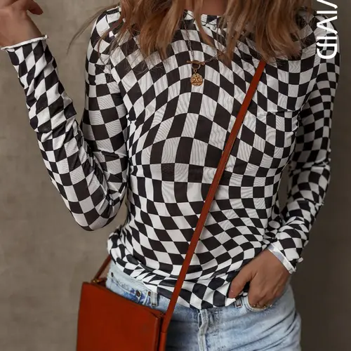 Women's Checkered Stretchy Mesh Mock Neck Long Sleeve Top Shirts, Stylish Fitted for All Season, Ladies Casual Everyday Clothes