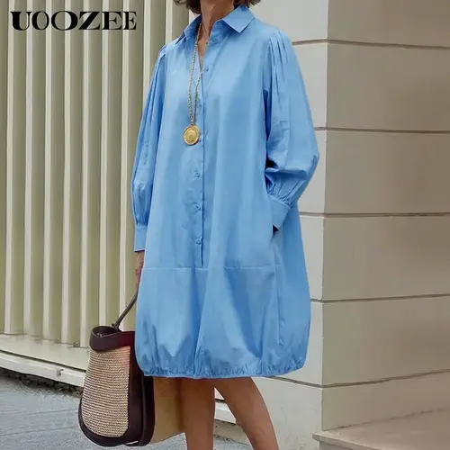 UOOZEE Women's Simple Minimalist Essential Long-Sleeve Lapel Shirt Dress - Solid Lightweight Cotton Blend, Pockets, Camisole-Ready, Loose Button-Front Midi, Lapel Detail Adds Polish, 1-Piece Going Out Wear
