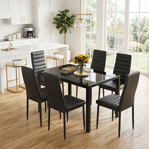 【2 Packages Shipping】Gizoon Glass Dining Table Sets for 6, 7 Piece Kitchen Table and Chairs Set for 6 Person, PU Leather Modern Dining Room Sets for Home, Kitchen, Living Room Seater Aesthetic,dorm essentials,home decor