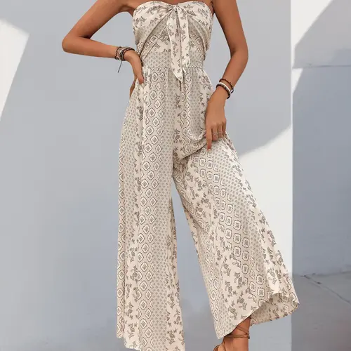 Women's All Over Print Jumpsuit, Casual Sleeveless Wide Leg Jumpsuit for Summer, Women's Clothes for Daily Wear, Casual Fashion Jumpsuit