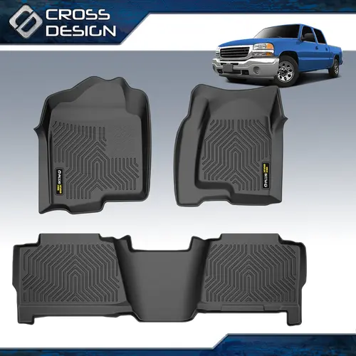CROSSDESIGN TPE Car Floor Mats - Car Interior Accessories, Waterproof Raised Edge, Custom-Fit Protective for 1999-2006 Chevy Silverado/GMC Sierra Crew Cab Trucks