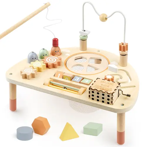 Joyreal Wooden Activity Table Busy Board for Toddler, with Fishing Game Bead Maze Shape Sorter Montessori Toys, Christmas Gift for Kids, #SummerVibes