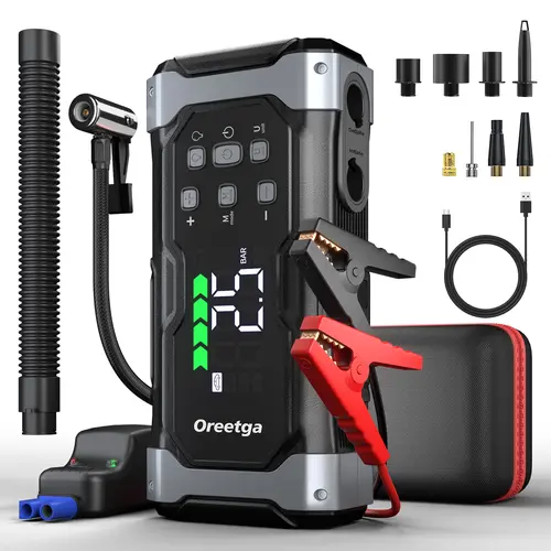 OREETGA Portable Car Jump Starter 32800mAh 12V Jump Box with 150PSI Auto Shut-Off Pump, Large LCD Display, Auto-Detect Cables for Simple Setup, 3 Nozzles for Tires & Balls, Cars Accessories (Inflate, Light, Emergency Functions)