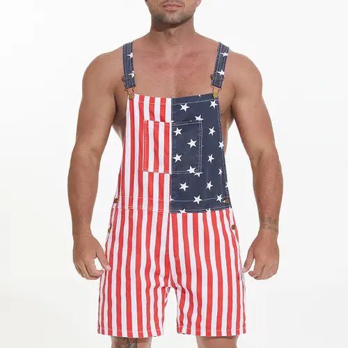 Yuanbang Men's American Flag Stretch Adjustable Denim Overalls Shorts, Menswear with Zip,  Women's Casual Rompers, Womenswear Bibs Jumpsuits with Pockets