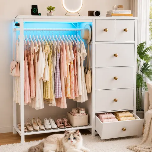 [4-in-1 Design】Raybee Dresser with Hanging Rack for Bedroom, 6 Fabric Drawer Dresser with LED Lights & Charging Station, Fabric Dressers & Chest of Drawers, Storage Organizer with Grid Panel & 4 Hooks, Wooden Top, for Living Room, Closet