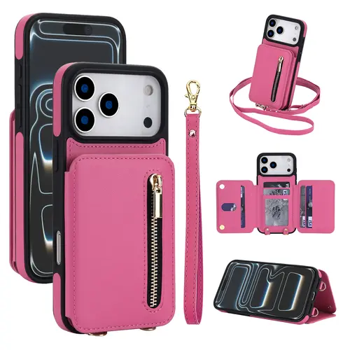 Crossbody Wallet Case for iPhone 17 16 15 14 13 12 11 Pro Max 17 Air 16 15 14 Plus, Flip Kickstand Case with RFID Blocking Card Slots Holder, Zipper Handbag Phone Case