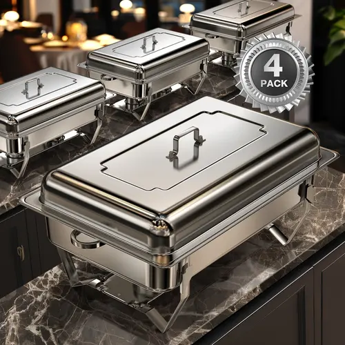 [Back To School] 2-Pack 9QT Rectangle Gold 430 Stainless Steel Chafing Dish Tray Set, Serving Chafer with Foldable Thick Frame, Smooth Rims, Wipe-Clean Polish, Finger-Safe Hot/Cold Chafing for Catering