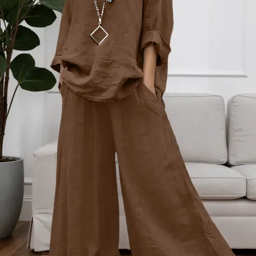 Women's Solid Color Top & Wide Leg Pants Two-piece Set, Matching Clothing Set, Vintage Set, Casual Style Set, Casual Long Sleeve Top & Trousers for Daily Wear, Ladies Two-piece Outfits for All Seasons
