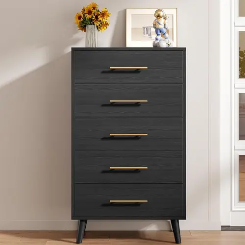 GIZOON 5-Drawer Vintage Dresser - Tall Wood Multi-Drawer Cabinet with Metal Handles, Black Furniture Storage Unit for Bedroom, Hallway, Dressers, Multi-Drawer Cabinets