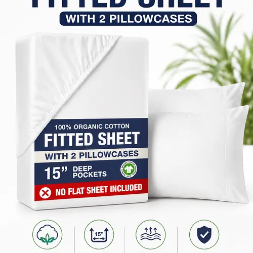 LANE LINEN 100% Organic Cotton Fitted Sheet & Pillowcase Set - Percale Weave, Oeko-Tex Certified, 15" Deep Pocket, Breathable - No Flat Sheet, for Sleepers Who Skip It, Dorms, Guest Rooms & Eco-Conscious Homes