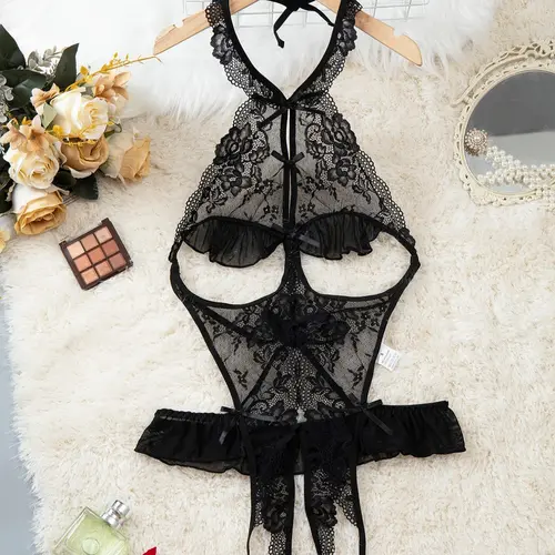 Women's Sexy Deep V Neck Backless Teddy Lingerie Bodysuit, Soft High Stretch Lace Floral Patchwork, Semi-Transparent Shapewear Sleepwear