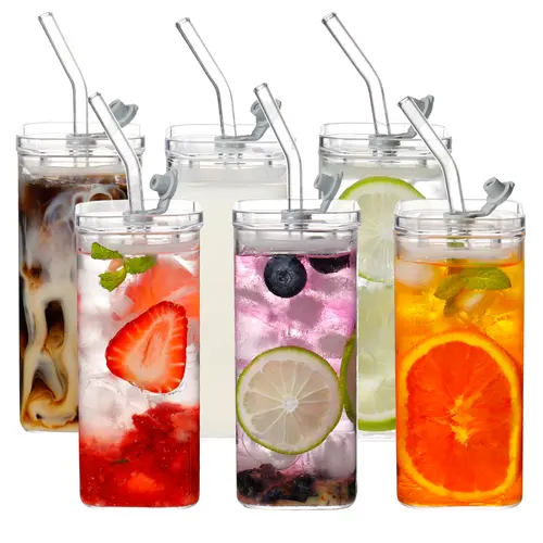 DWTS DANWEITESI 13oz Glass Cup Set (4-Pack), Stylish Portable Square Eco-Friendly Drinkware with Plastic Lids & Glass Straws, Whiskey Tumblers for Beer, Tea, Stylish Glass Cups