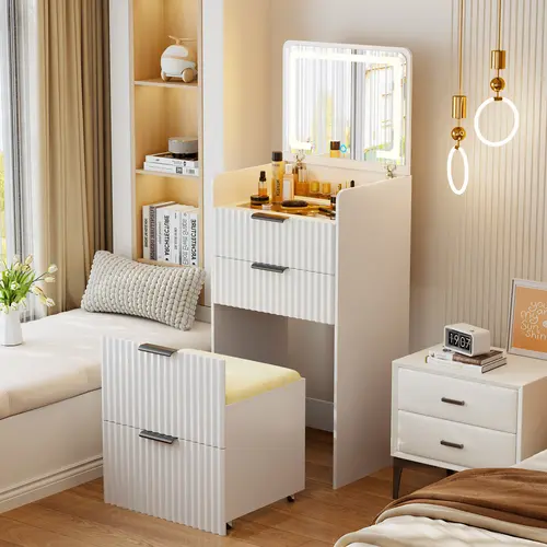 Miu small room vanity with Flip-up LED Mirror, Glass Tabletop,6-Compartment Storage Space, Soft Stool with Hidden Space & Drawer Makeup Vanity Table