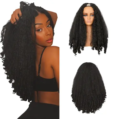 Lush Haute New Afro V Part with Curly in the End Wig Kinky Synthetic Hair Texture with Unique Bouncy Curls in the End 20 Inch Soft Curly Full Hair V Part Wigs Synthetic for Women No Leave out Clip in Half Wig
