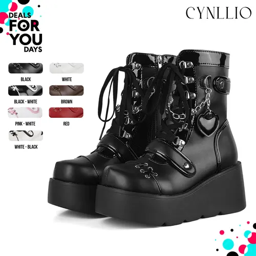 CYNLLIO Womens Round Toe Platform Wedge Lace Up Chain Platform Heel Zipper Goth Patent Combat Boots Casual Party Fashionabl Punk Strappy  Platform  Ankle Boots