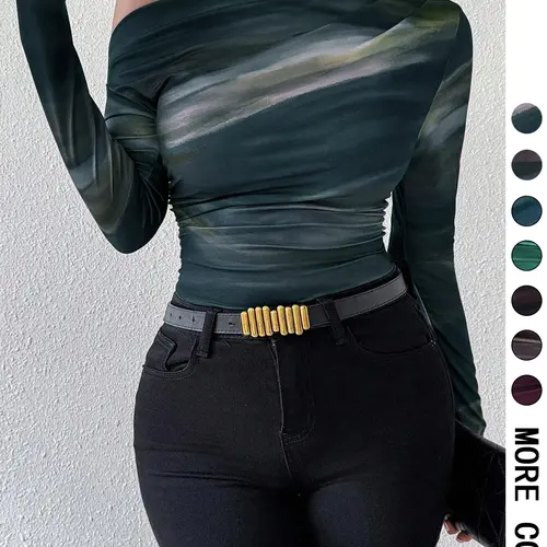 Women's Marble Print Ruched Asymmetrical Neck Slim Tee Top, Casual Long Sleeve T-Shirt for Spring & Fall, Women's Clothing for Daily Wear, Fit, Fabric, Asymmetrical Shoulder Top