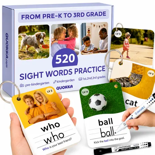 QUOKKA Colorful Dry Erase Jumbo Learning Flash Cards - 5-Level Sight Word & Vocabulary Set with Real Photos, Visual Stimulation Cards, Ball, Preschool Educational Toy for 5-8 Year Olds Playful Tool, Sight Word Flashcards