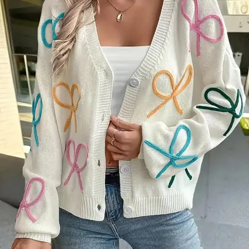 Sweet Temperament Three-dimensional Flower Loose Long Sleeve Sweater Autumn Winter Colorful Bow V Neck Sweater Cardigan Women Knit Cardigan Casual Fashion Knitwear