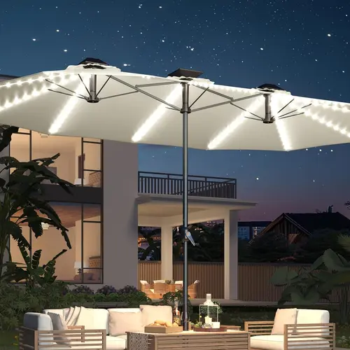 AECOJOY [No Base] 15ft Patio Umbrella with Solar Lights, Large Double Umbrella Outdoor Patio LED Lights and Crank Handle Cream(1.9" Pole) Lighting Garden