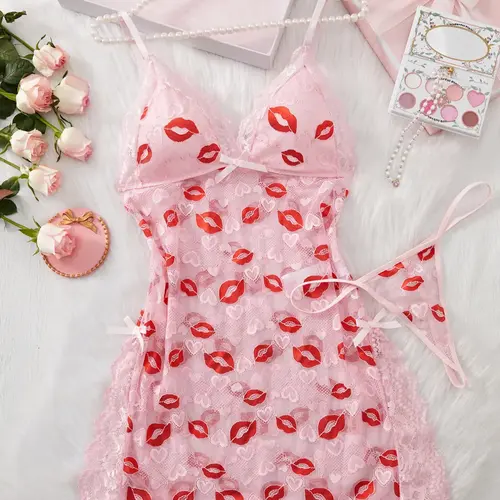 Women's Lip Print Lace Trim Cami Nightdress & Thong Sexy Lingerie Set, Comfy Breathable Nightgown & Panty Set, Women's Sleepwear & Loungewear Set, Sleeveless Nightgown, Nighty Dress